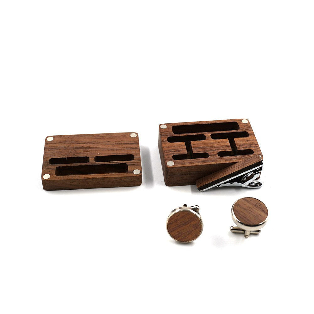 Walnut cufflink and tie clip box on white background - MAHOOSIVE