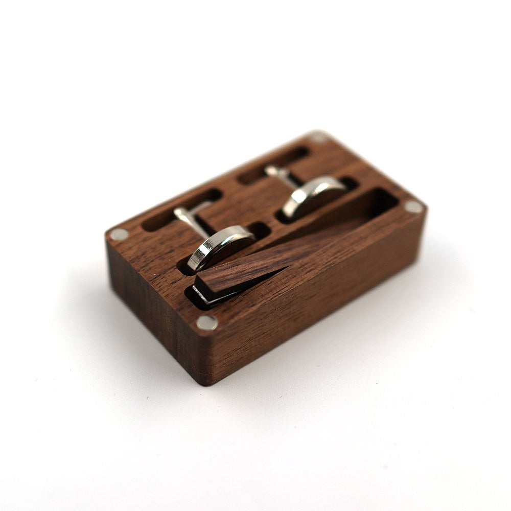 Open walnut box showing cufflink and tie bar slots - MAHOOSIVE