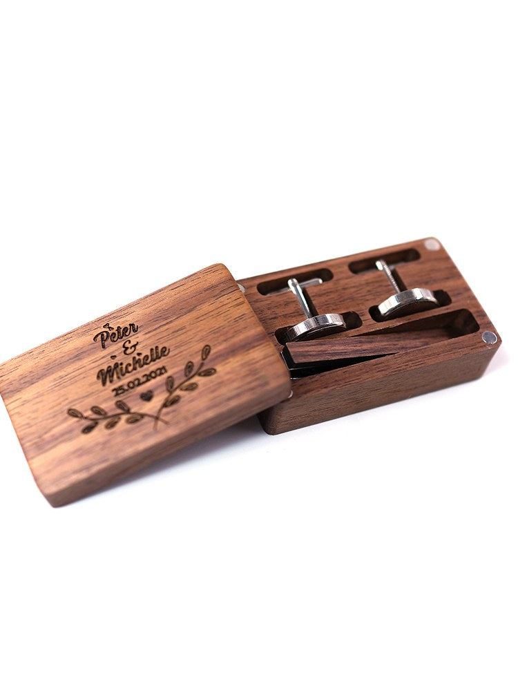 Walnut cufflink and tie bar box on white background - MAHOOSIVE