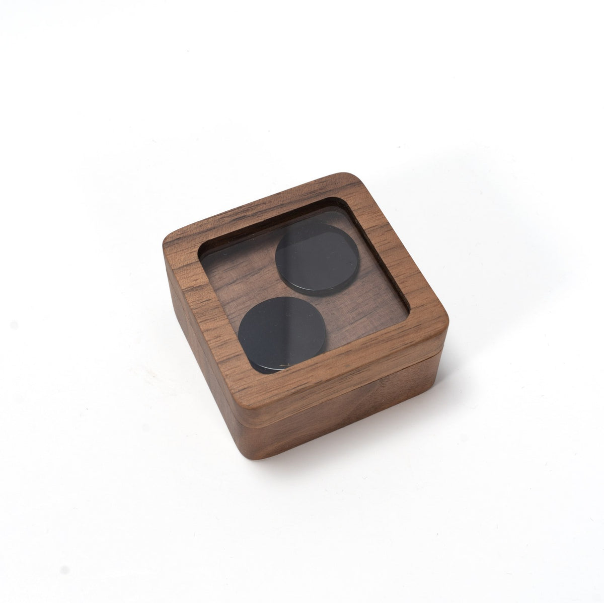 Closed walnut cufflink box seen through the window lid - MAHOOSIVE