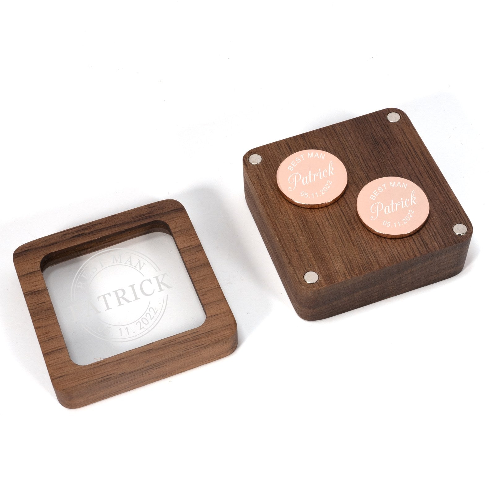 Walnut cufflink box with engraved acrylic window lid - MAHOOSIVE