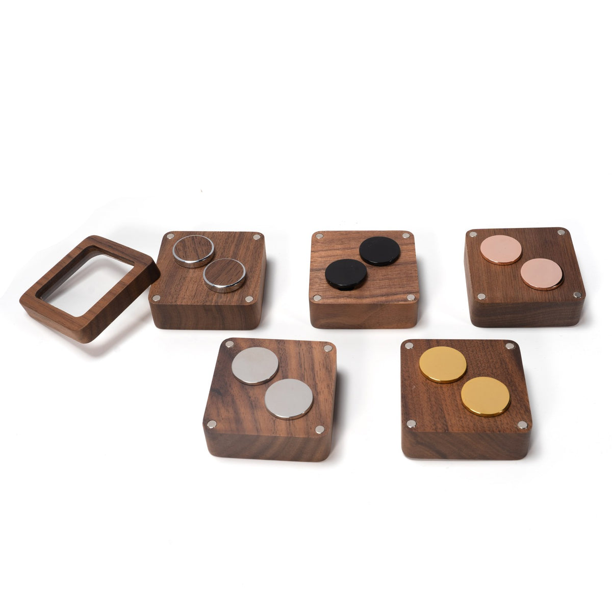 Five walnut window cufflink boxes flatlay - MAHOOSIVE