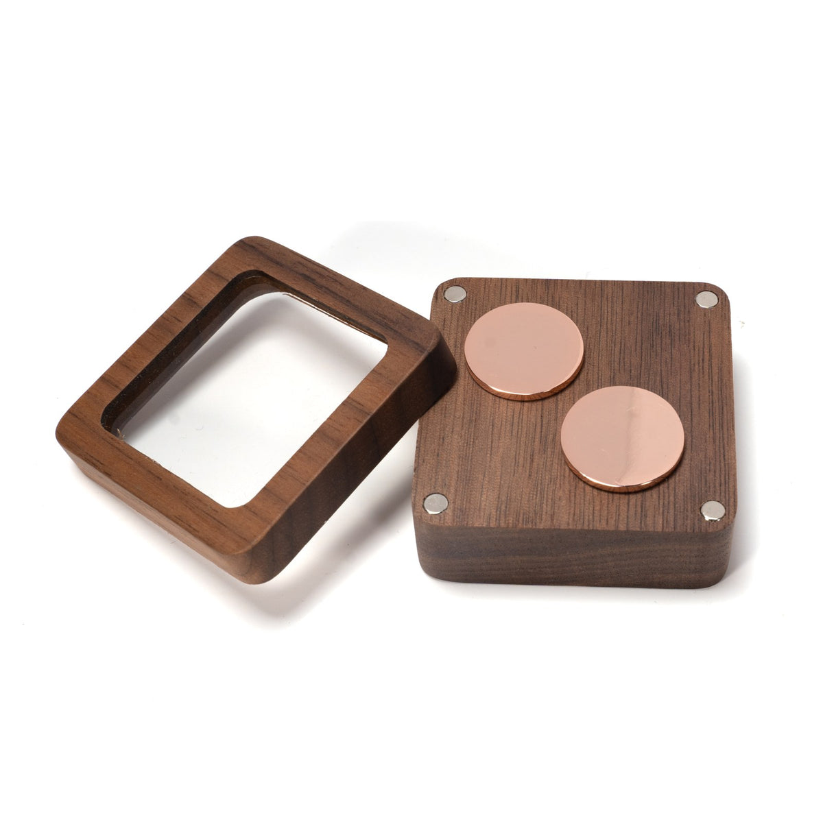 Walnut window cufflink box with rose gold cufflinks - MAHOOSIVE