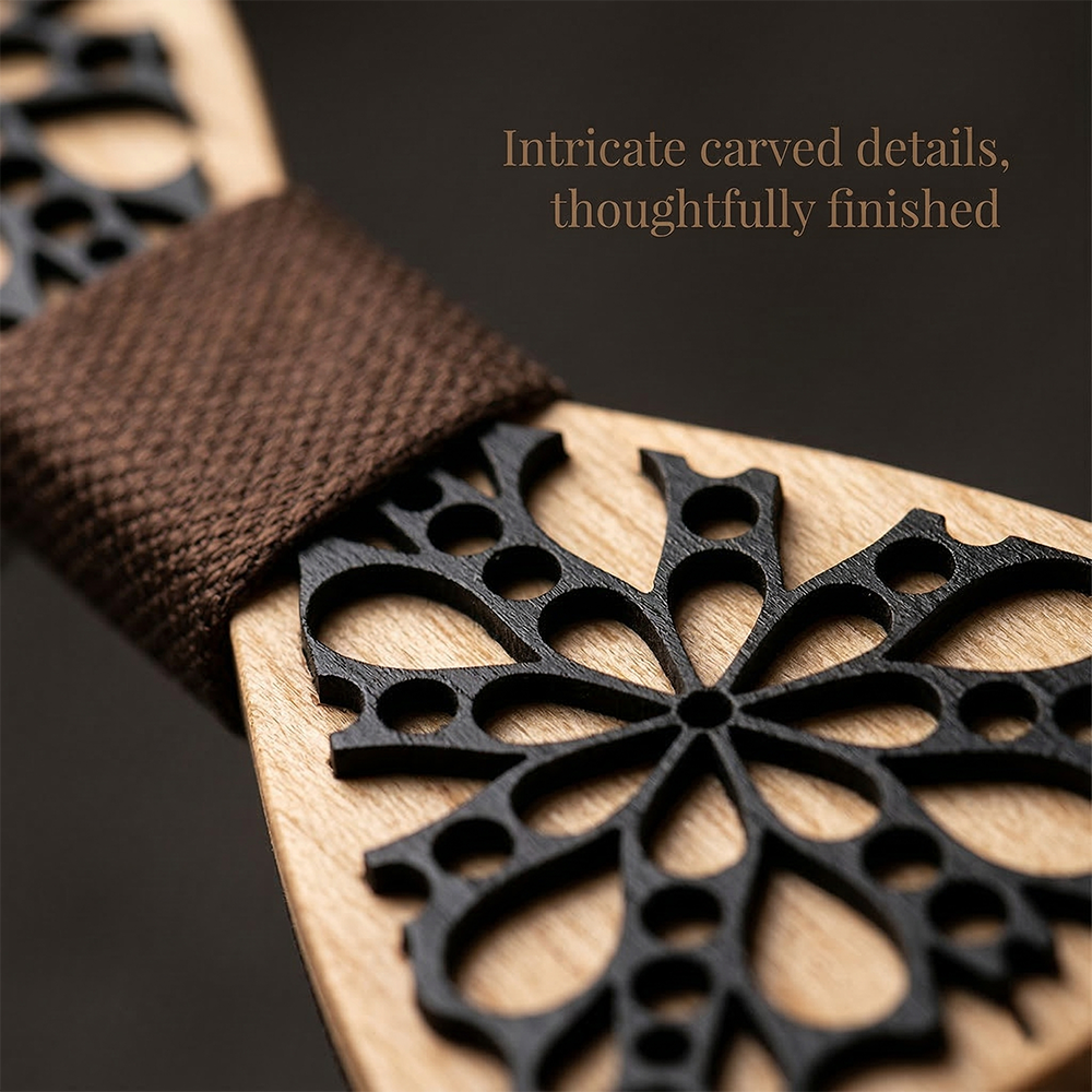 Wooden Bow Tie - Black Intricate Carved Floral Design