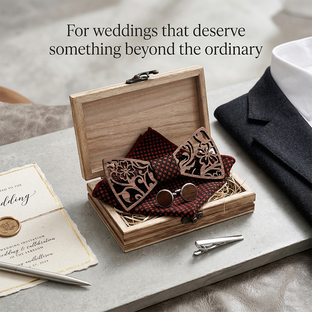 Wooden Bow Tie - Carved Floral Pattern Set