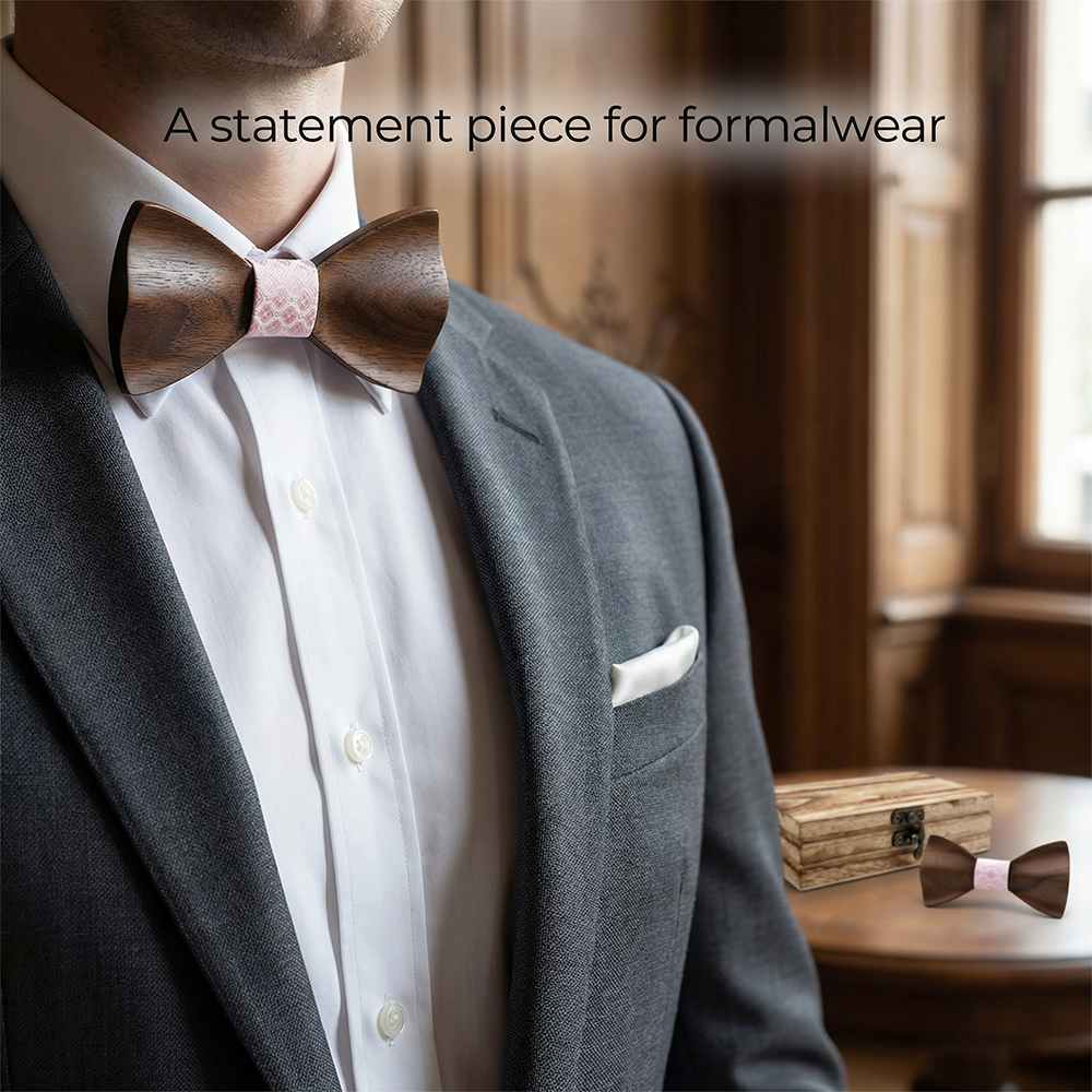 Wooden Bow Tie - Dark Wood with Pink Center