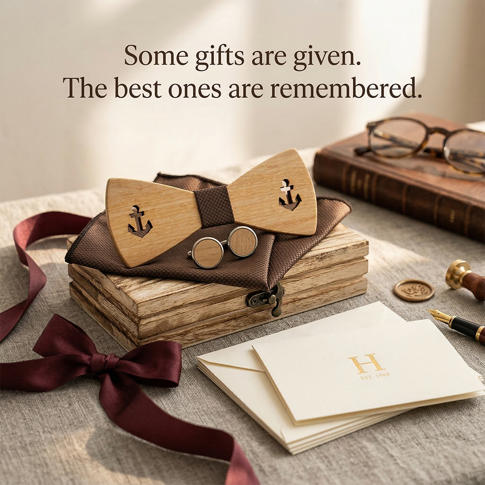 Wooden Bow Tie - Engraved Anchor Design