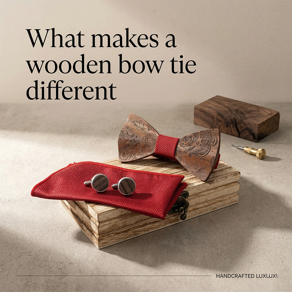 Wooden Bow Tie - Engraved Paisley with Red Center