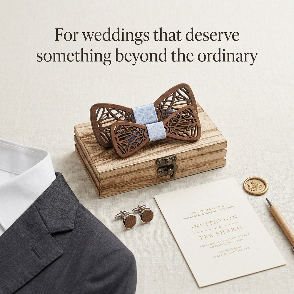 Wooden Bow Tie - Laser Cut Leaf Pattern Blue Knot