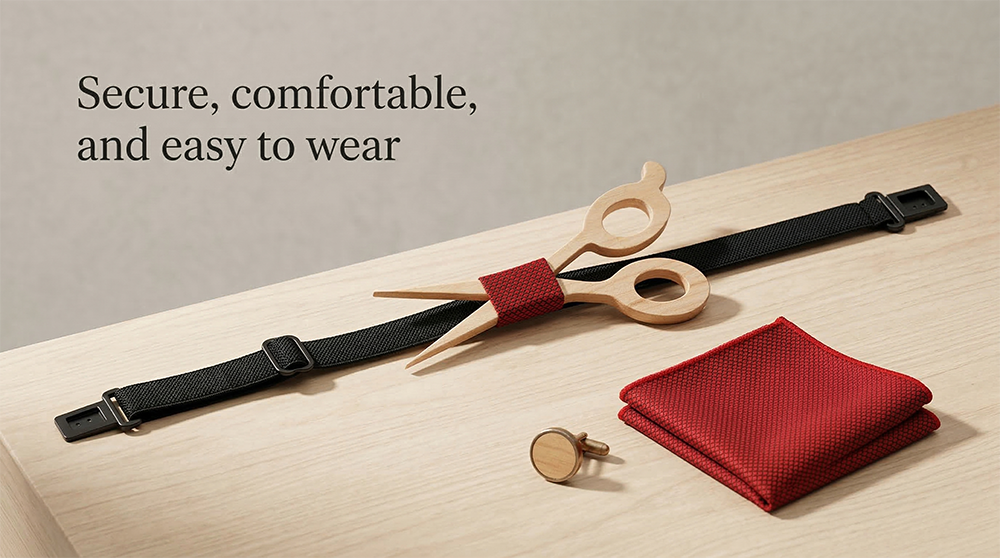 Wooden Bow Tie - Scissors Shape with Red Fabric