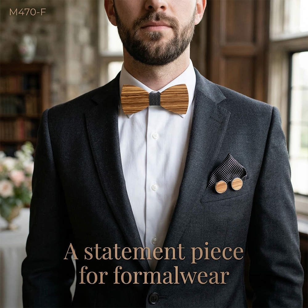 Wooden Bow Tie - Striped Wood with Black Center