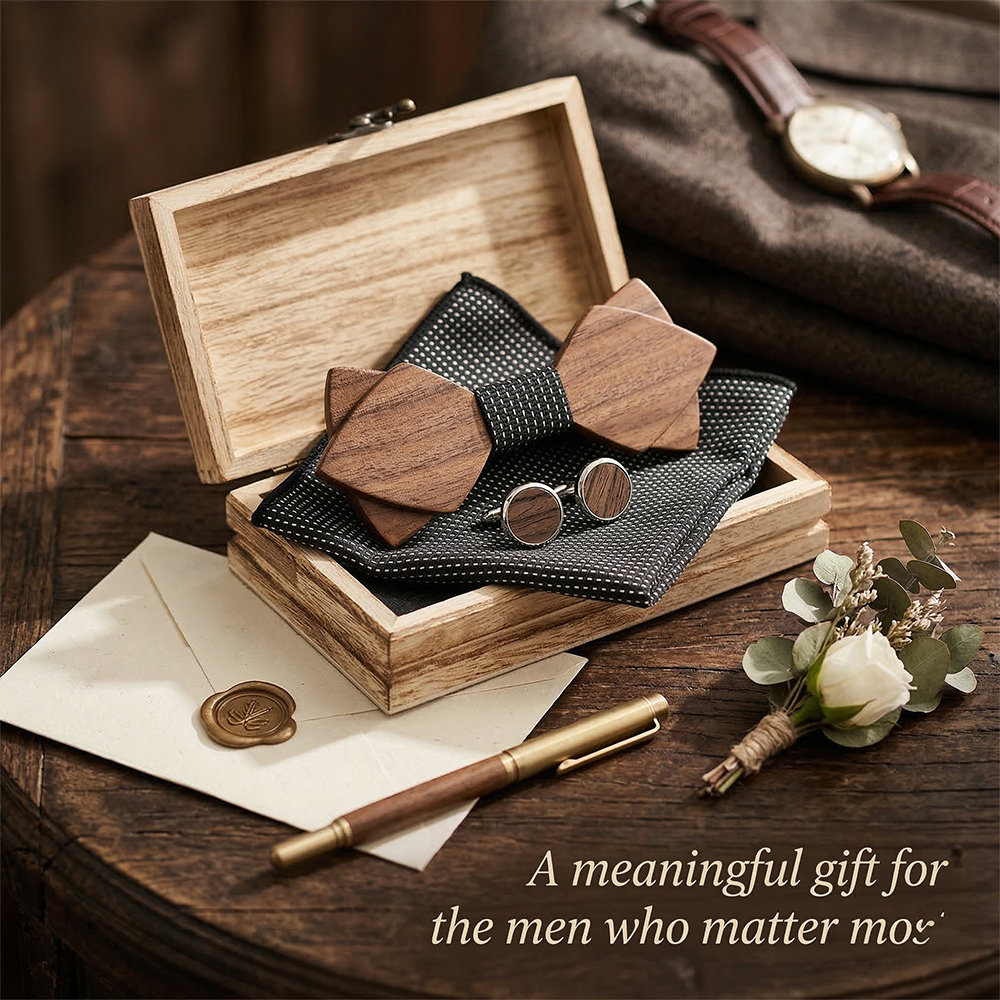 Wooden Bow Tie - Walnut Gift Set with Cufflinks